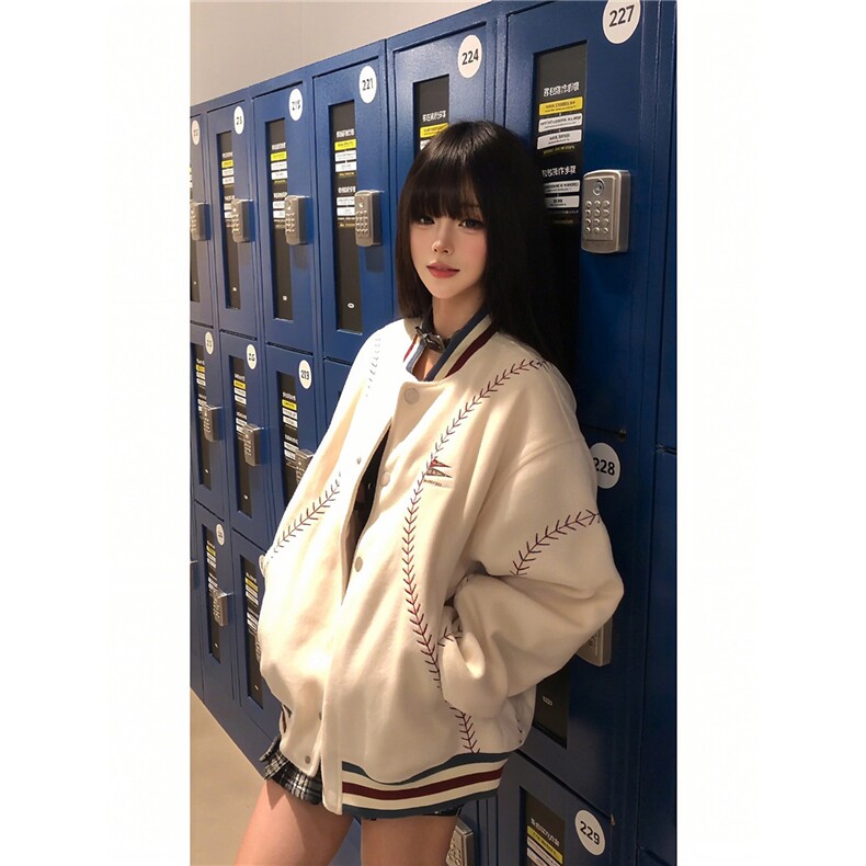 美式白色刺绣夹克棉服男女冬季棒球纹理外套学院风加厚夹棉棒球服,男装夹克,星座506A