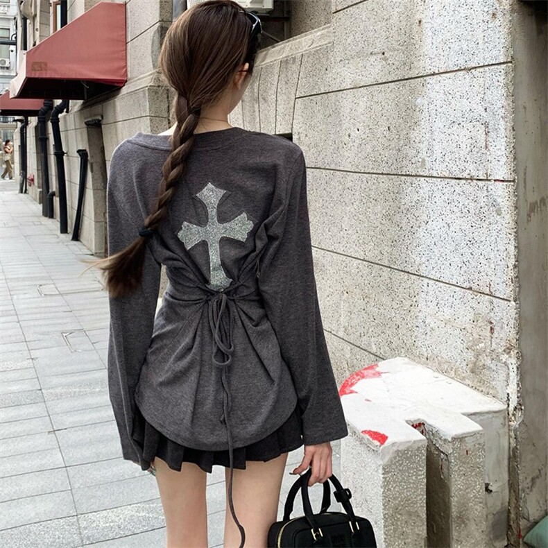 2025秋季新款女装灰色v领长袖t恤女大码胖mm修身系带收腰打底上衣,男装T恤,星座1210-1