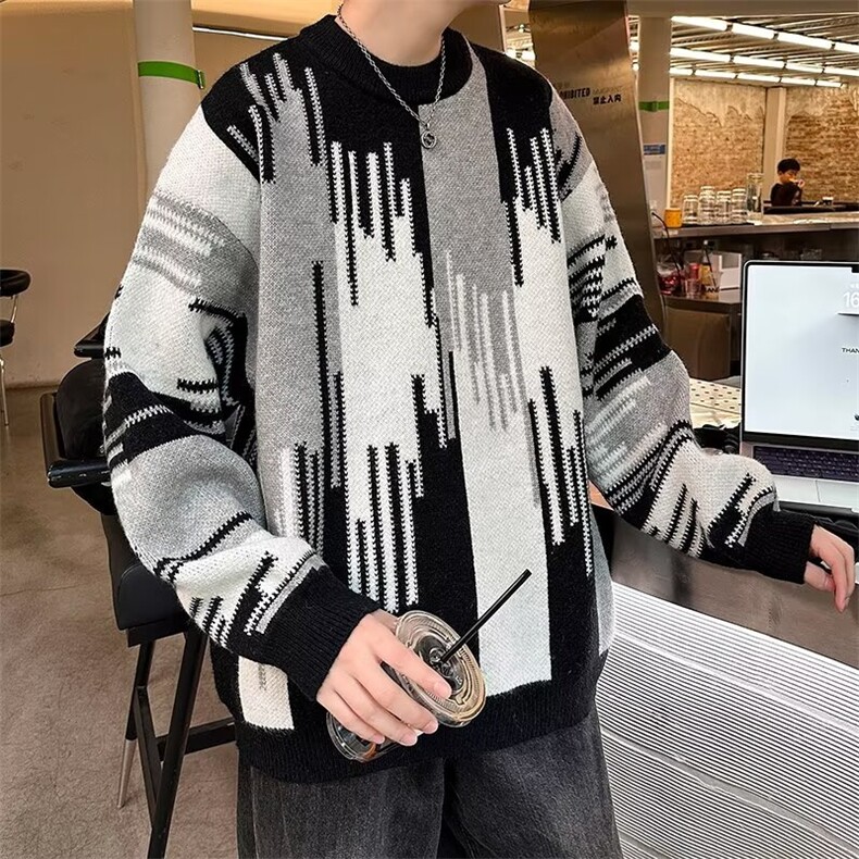 秋冬羊毛衫男圆领撞色渐变毛衣宽松休闲羊绒针织打底衫7132/P45,男装T恤,星座506