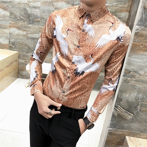 2021春款男个性数码印花衬衫英伦风修身夜店工作服长袖W313图片
