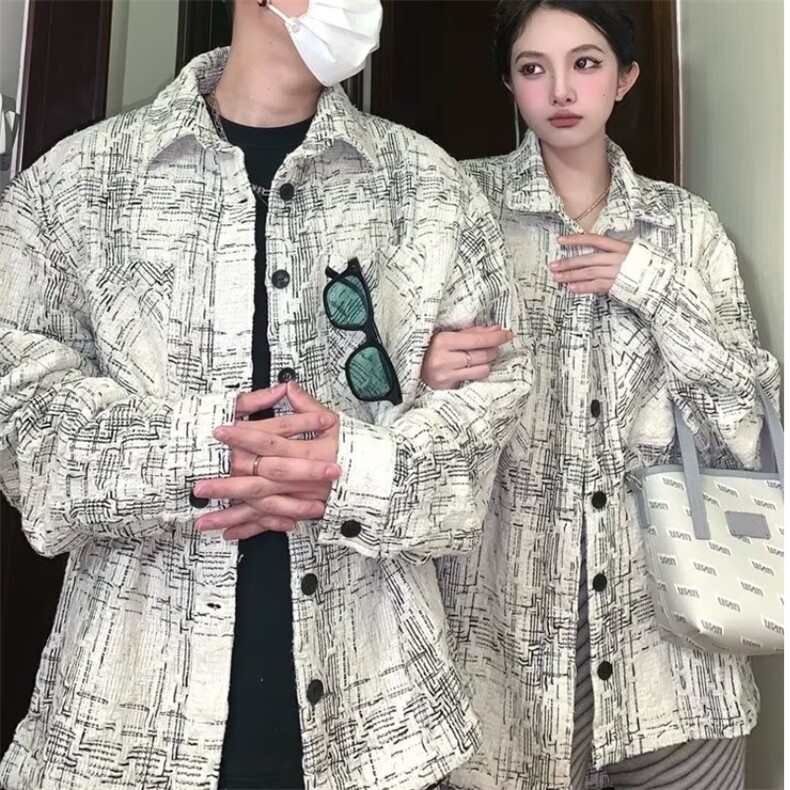 复古小香风衬衣宽松格子外套男女同款格纹长袖春季衬衫情侣潮,男装衬衫,星座1210-1
