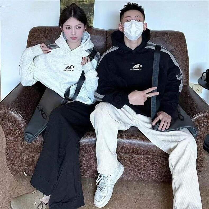 插肩袖情侣装连帽卫衣男女2025秋冬新款加绒加厚宽松休闲拼接上衣,男装卫衣,星座1210-1