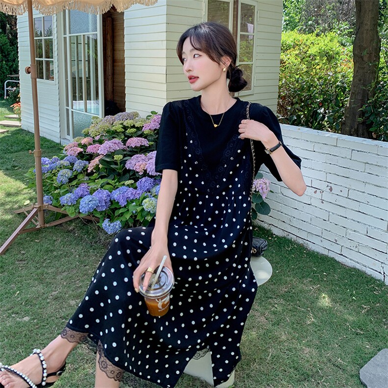 大量现货主推波点拼接假二件连衣裙9830-P115-K168,女装连衣裙,2C129