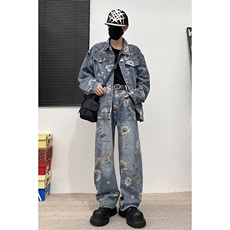 牛仔套装男春秋美式复古花卉港风男生酷帅穿搭oversize两件一套，男装休闲套装，星座410-7