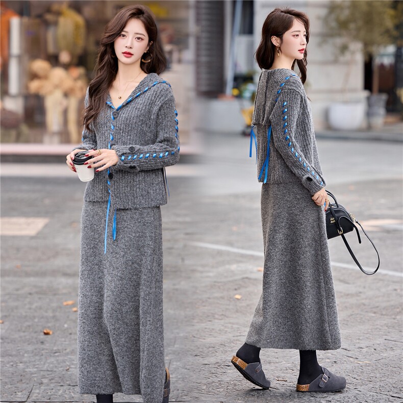 设计感系带大翻领针织开衫毛衣半身裙两件套女气质显瘦套装，女装套装/套裙，依多米