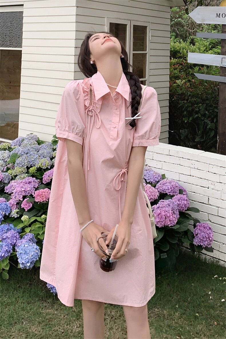 粉色小个子衬衫裙连衣裙女夏2024新款设计感甜美小清新森系a字裙,女装连衣裙,浙宝212A