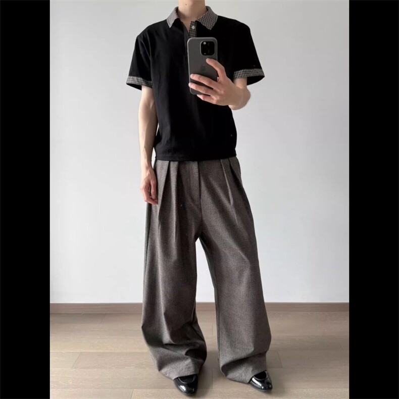 千鸟格打褶拼接老钱高知休闲直筒宽松长裤西裤 KZ706 特P70图片