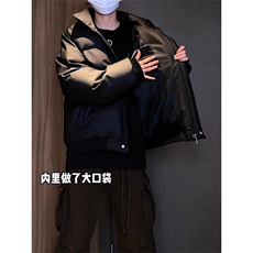 现货5W件冬季三防重磅硬挺boxy短款羽绒立领PU皮棉衣外套加厚棉服，男装棉衣，电商A486-1