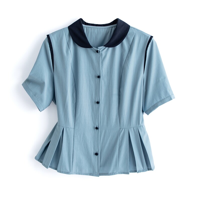 夏新新款短袖撞色收腰显瘦衬衫女，女装衬衫，水衣源