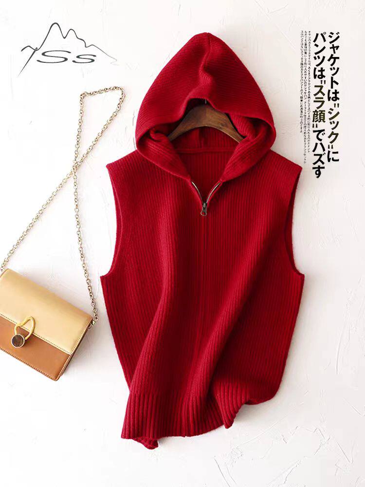 2025年秋季时尚百搭通勤简约休闲连帽无袖单件连帽，女装羊毛衫，哲奥羊绒