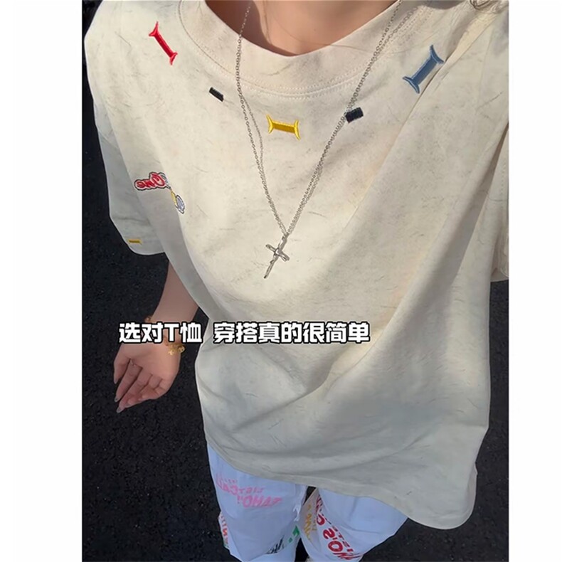 美式重磅做旧绣花短袖t恤圆领宽松半袖情侣上衣T3684-特价P35,男装T恤,电商A007