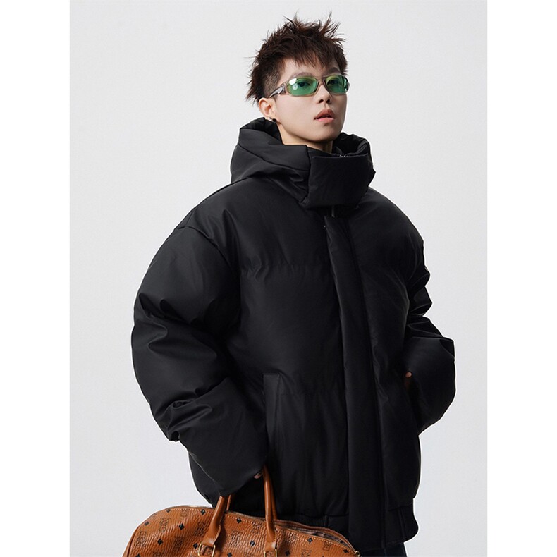 现货5W件冬季三防重磅boxy短款羽绒连帽PU皮棉衣外套防风加厚棉服，男装棉衣，电商A443