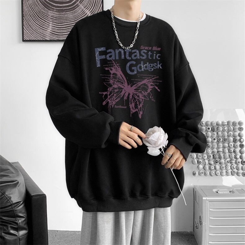 圆领卫衣男美式复古蝴蝶字母设计卫衣学生无帽卫衣外套男生,女装短外套,星座715-4