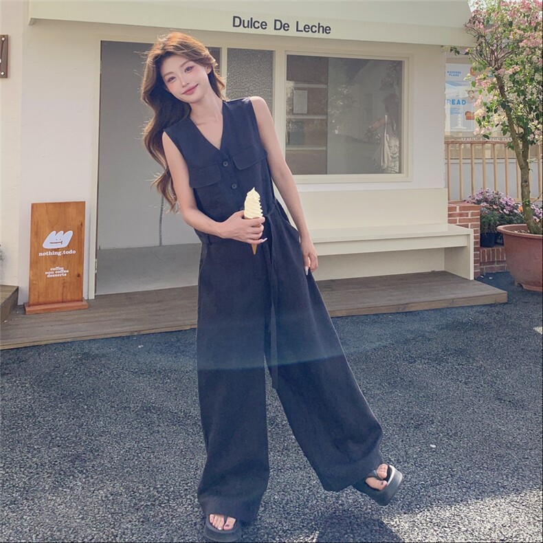 老钱风复古休闲无袖连体裤女夏新款高级感气质显瘦轻薄牛仔阔腿裤,女装套装/套裙,2C057