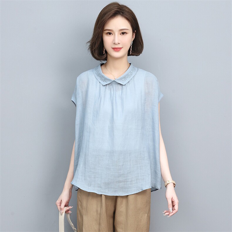 2022年夏季新款苎麻衬衫女短袖简约衬衣妈妈棉麻夏装上衣,女装衬衫,忆绮罗
