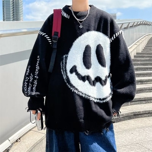 美式高街设计感小众情侣针织衫潮复古慵懒风笑脸毛衣男 M951-P47图片