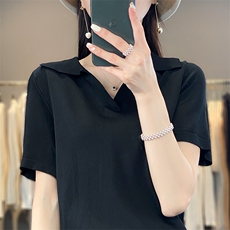 冰丝短袖T恤女2025新款气质时尚减龄针织体恤衫海军领短款薄上衣，女装T恤，思牵羊绒