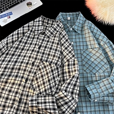 衬衫男2025春季新款港风宽松磨毛大码格子长袖衬衣CS510-P38(现货，男装衬衫，星座214-3
