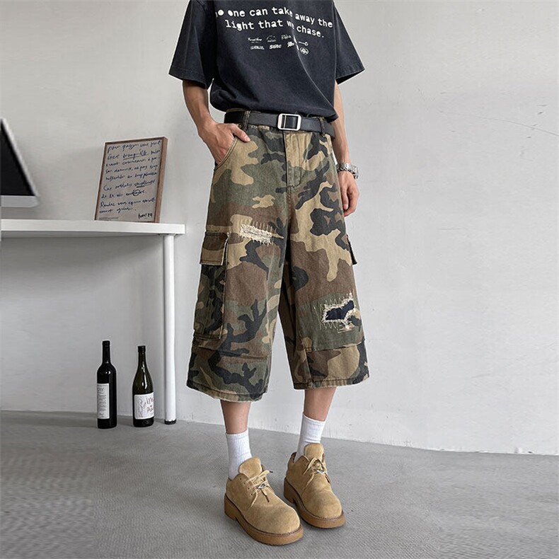 夏季薄款迷彩工装短裤潮牌宽松休闲补丁设计感七分裤,男装牛仔裤,星座410-6（原星座1304-1）