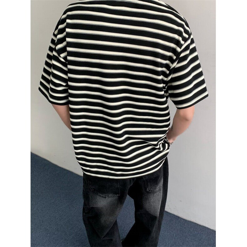 潮牌日系条纹圆领短袖男t恤夏季韩版宽松休闲百搭上衣男U544-P38,男装T恤,星座1008