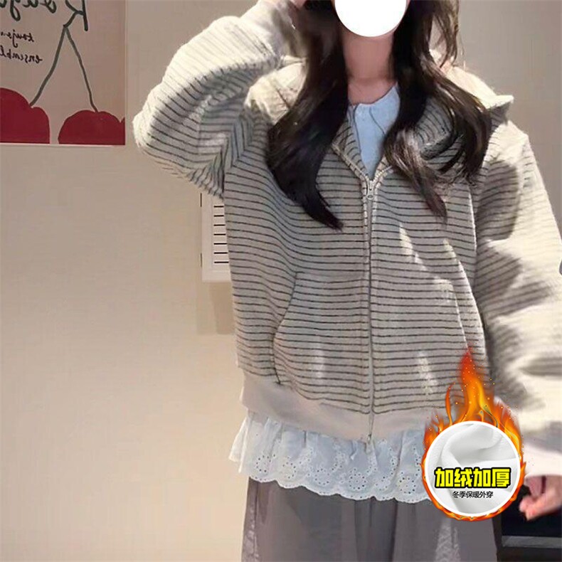 480G重磅加绒硬挺boxy男女秋冬美式高街条纹毛呢卫衣开衫厚外套,女装短外套,电商A486