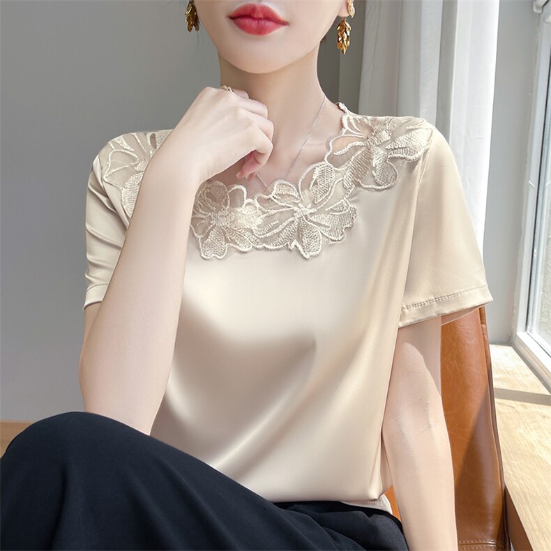 花边拼接时尚气质百搭纯色2024年夏季新款上衣,女装衬衫,绒宛羊绒