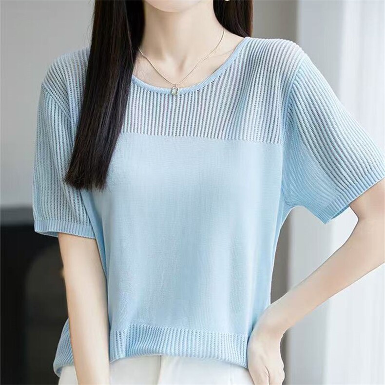 2025夏季镂空抽条短袖t恤女新款打底衫洋气大码女装冰丝针织上衣,女装T恤,萱芳婷羊绒