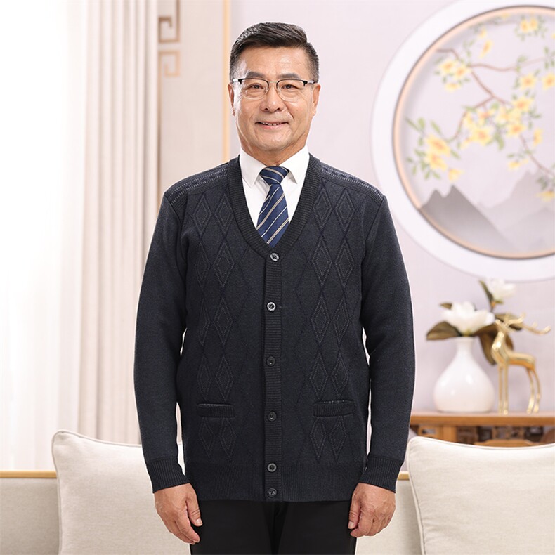 秋冬季舒适亲肤透气大码菱形长袖加绒针织衫开衫男装,男装针织衫/毛衣,亚东羊绒制品