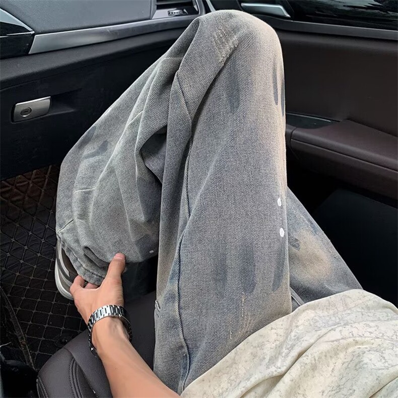 潮牌泼墨牛仔裤男女美式高街休闲长裤宽松直筒裤子K70716P47网图,男装牛仔裤,电商B245