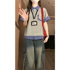 网图有货亿万假两件撞色口袋短袖T恤男女polo宽松衬衣A492-P35，男装T恤，星座1505