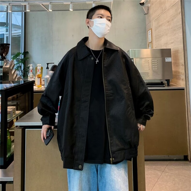 褶皱设计感男士外套春秋季青少年宽松翻领皮夹克MJK40P70,男装夹克,星座1116-2