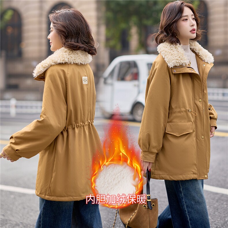 9113时尚中长款加绒加厚外套（毛领可脱卸）,女装派克服,依路服饰