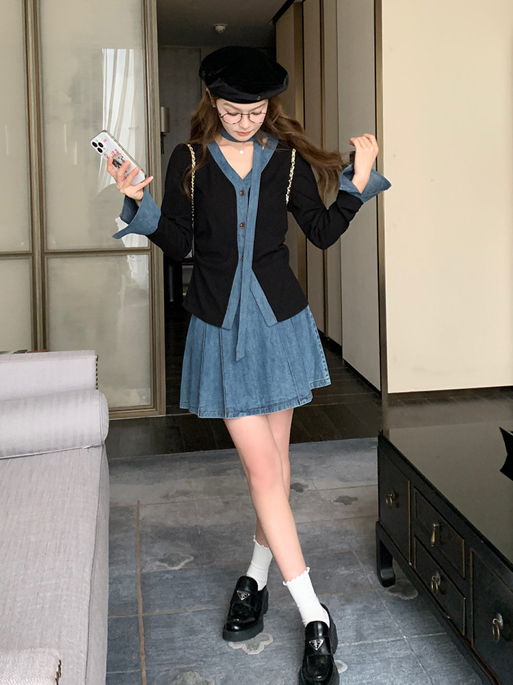 甜美牛仔拼接百褶短裙套装女春秋小个子两件套超火爆款高级感减龄,女装套装/套裙,浙宝276（原081）