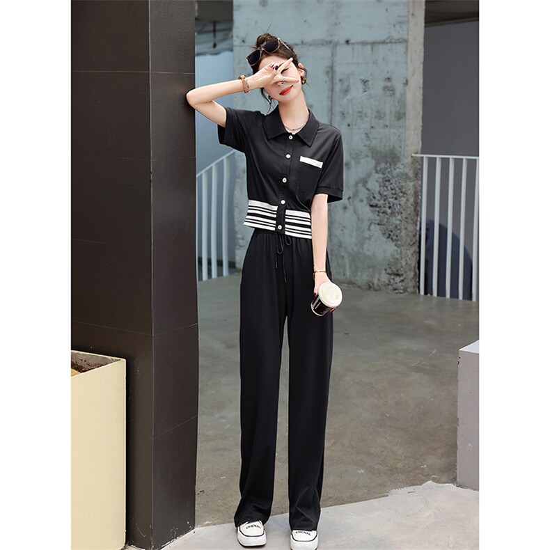休闲运动套装女夏季2025新款高级感时尚短袖上衣洋气阔腿裤两件套,女装套装/套裙,妙形