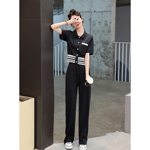 休闲运动套装女夏季2025新款高级感时尚短袖上衣洋气阔腿裤两件套图片