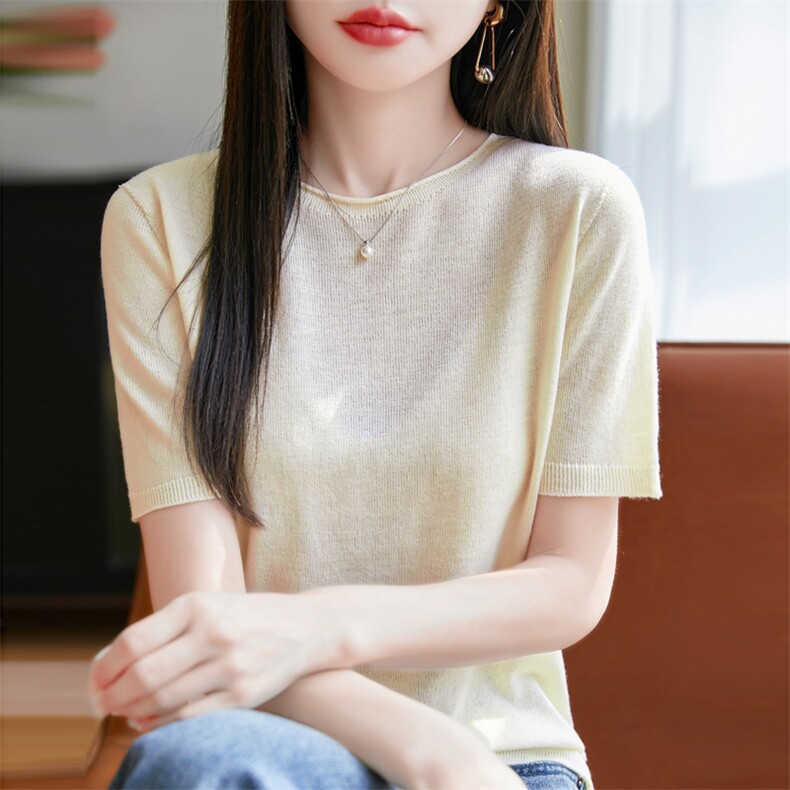 2025年夏季纺醋酸莱赛尔卷边圆领短袖女,女装T恤,美杜莎羊绒