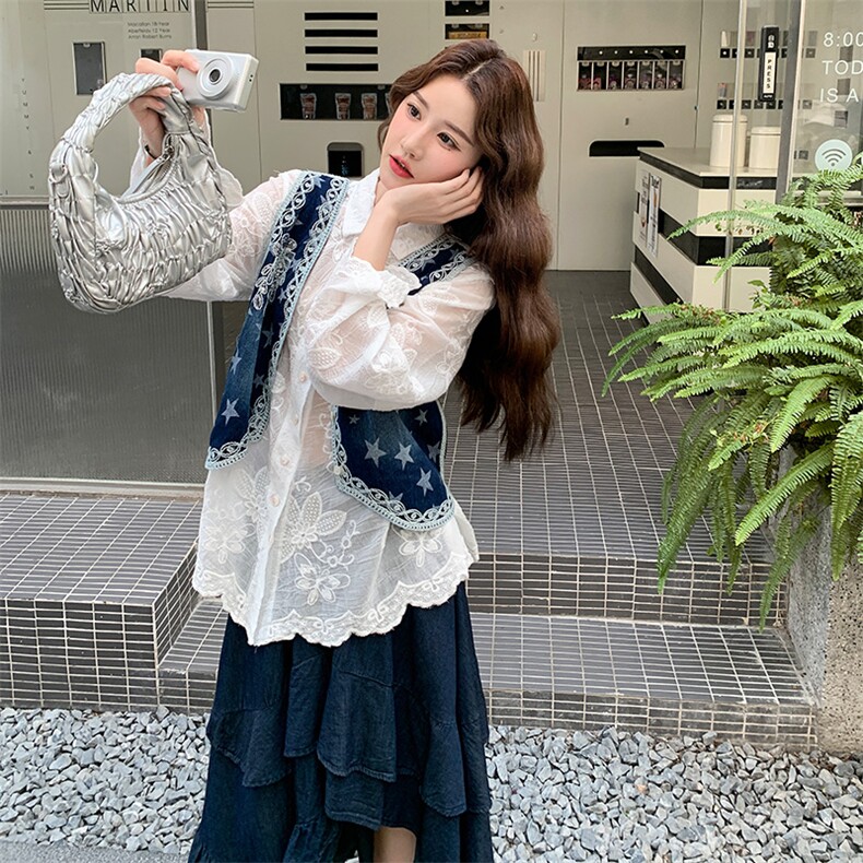 民族风刺绣牛仔马甲套装女2025年春秋季新款上衣半身裙时尚三件套,女装套装/套裙,2C169