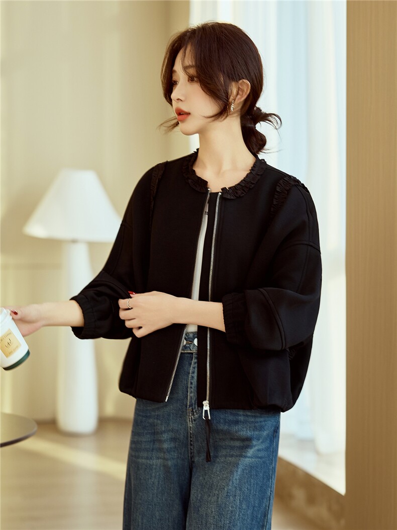 黄色小众设计木耳边圆领短外套女2026早春新款宽松休闲百搭夹克,女装短外套,梦懿尔
