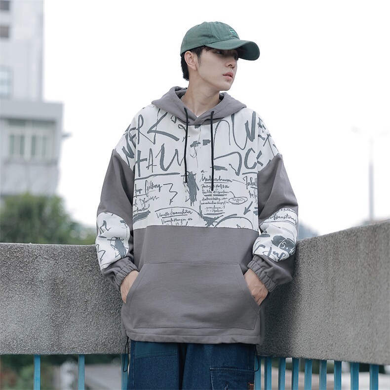 特P55限98 高品质纯棉2024秋冬拼接复古连帽卫衣男潮流上衣XW221图片