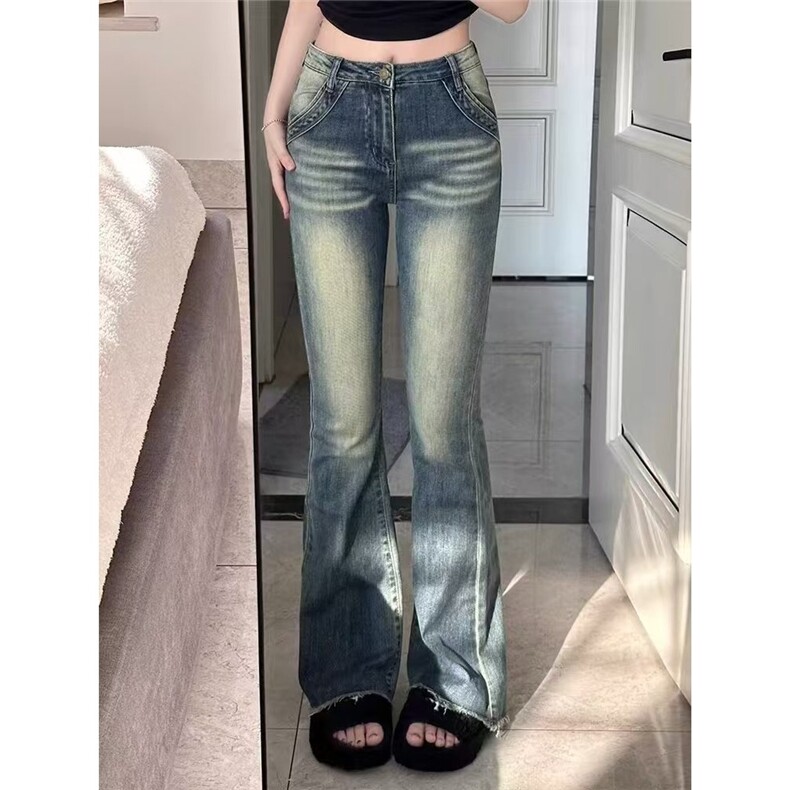 复古蓝微喇叭牛仔裤女春秋高腰大码胖mm弹力显瘦梨形身材毛边裤子，男装牛仔裤，星座1210-1