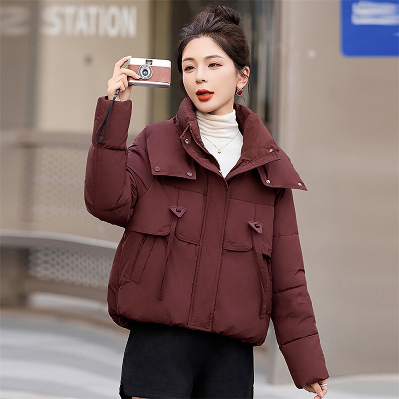 2024年冬季新款宽松休闲显瘦韩版翻领插肩袖短款百搭棉衣,女装棉衣/棉服,辉煌依升