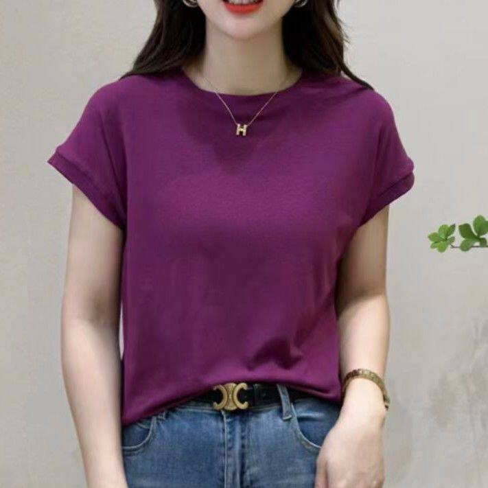 2025时尚百搭简约短袖纯色休闲日常，女装T恤，思沃羊绒
