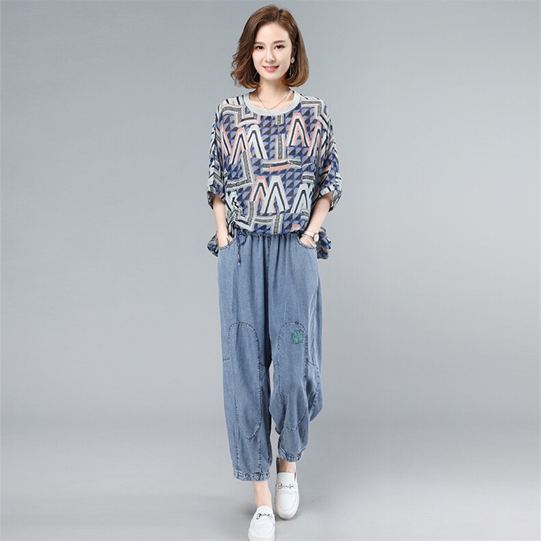 薄款天丝牛仔套装女2025夏季新款大码遮肉显瘦中年妈妈休闲两件套，女装套装/套裙，叶笙衣