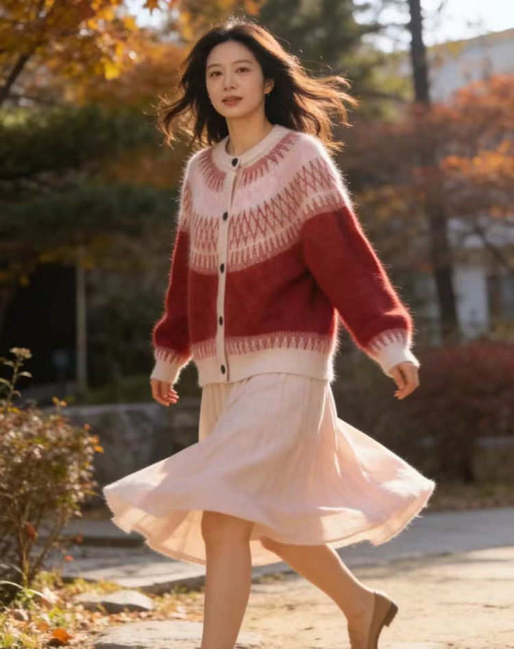 2025年秋季时尚百搭通勤简约休闲费尔岛提花开衫，女装羊毛衫，美轩羊绒