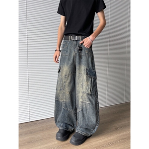 潮牌重磅多口袋弯刀牛仔裤男女炸街做旧水洗阔腿工装裤N07621-P63图片