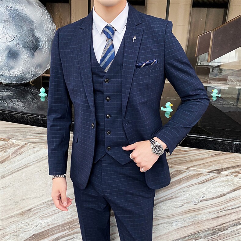 新款格子西装男套装新郎结婚礼服三件套修身西服1012-SJT828-P280,男装西服套装,星座1012