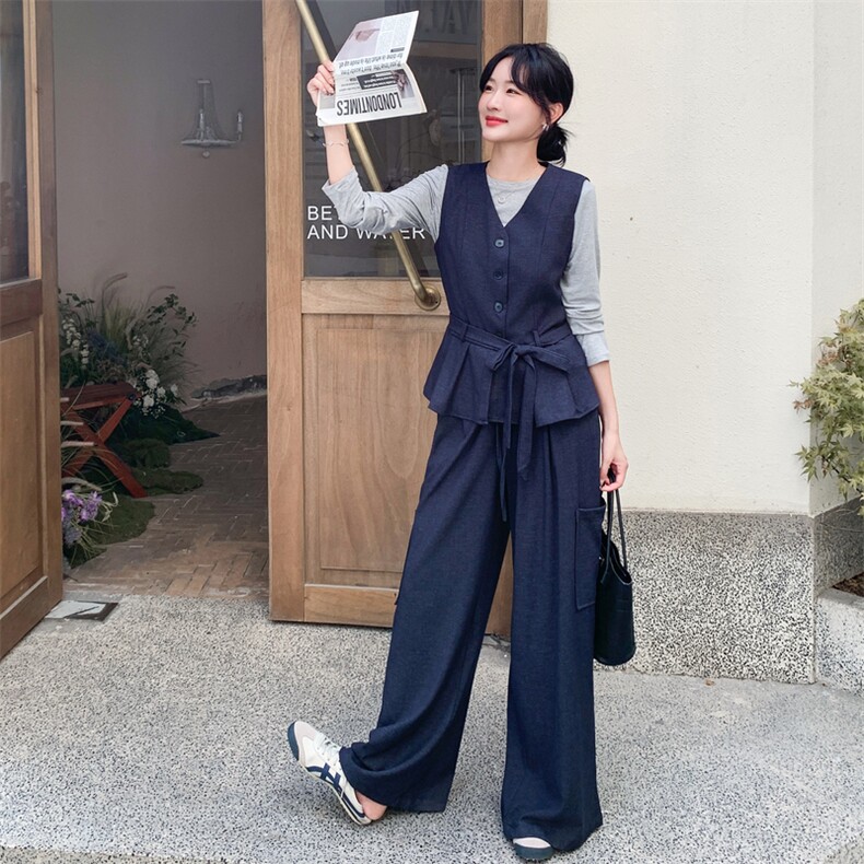 韩系简约高级感淡人穿搭套装女2025夏季休闲撞色上衣阔腿裤两件套,女装套装/套裙,浙宝217