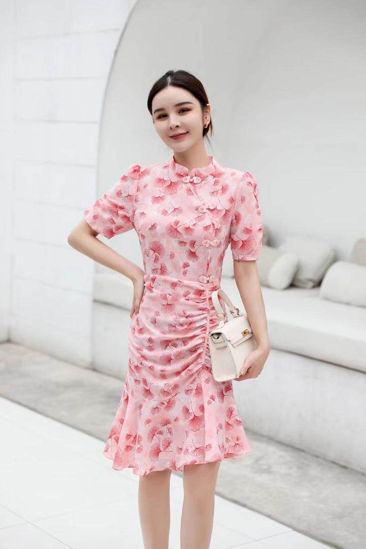 花色盘扣连衣裙，女装连衣裙，茗格拉