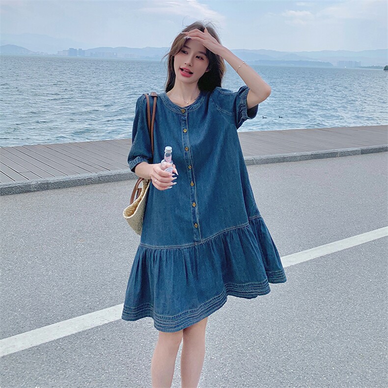 复古宽松薄款夏天牛仔连衣裙2025新款女减龄休闲大码中长裙潮,女装连衣裙,2D076