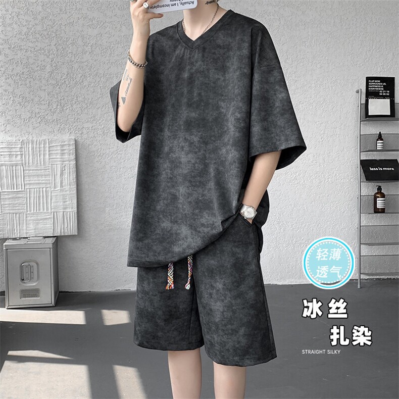特批P48无差价25夏季休闲冰丝扎染大码V领T恤短裤两件套男TZ5144,男装T恤,电商A001